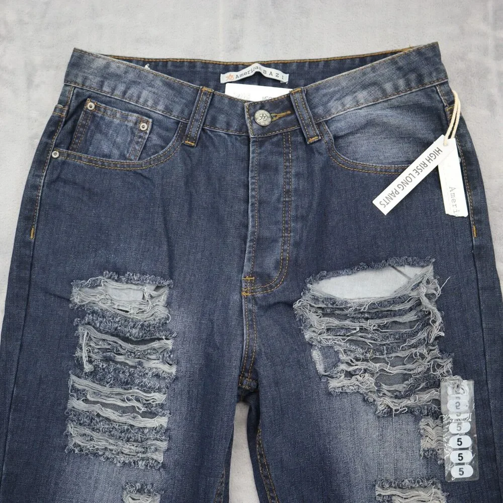 American Bazi Pants Womens 5 Blue Denim Straight Distressed High Rise Long Pants